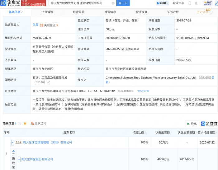 周大生在重庆新设万像珠宝销售公司